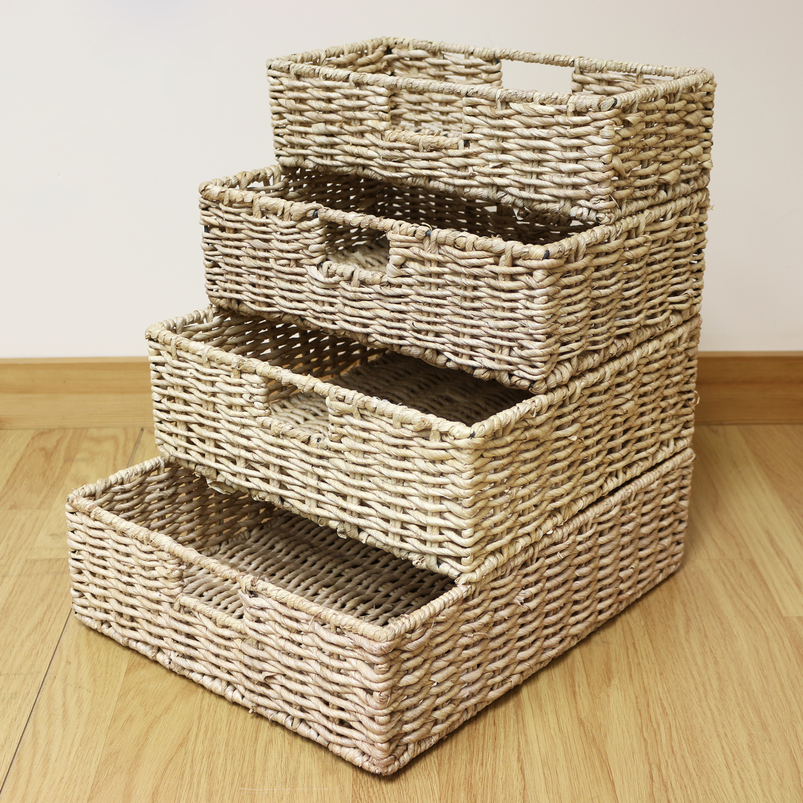 Dark Brown 4 Tier Wooden Ladder Shelf Display Unit & Light Wicker